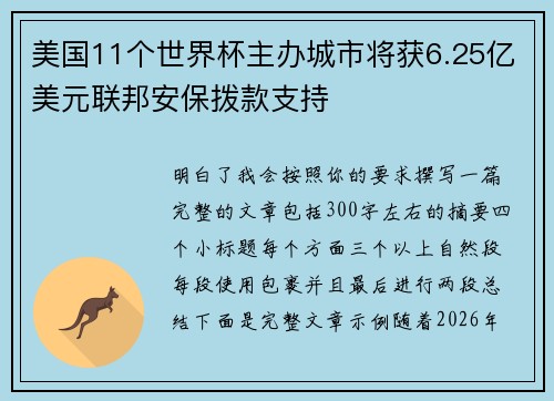 美国11个世界杯主办城市将获6.25亿美元联邦安保拨款支持 美国11个世界杯主办城市将获6.25亿美元联邦安保拨款支持
